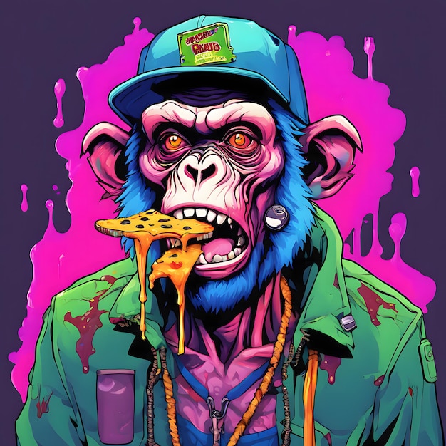 Ilustração vetorial de um macaco de boné com uma pizza na mão