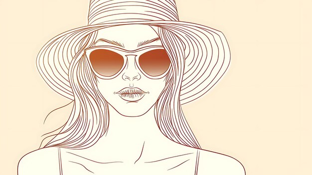 Ilustração vetorial de uma bela jovem vestindo um chapéu e óculos de sol Ela tem cabelos longos e uma expressão confiante em seu rosto