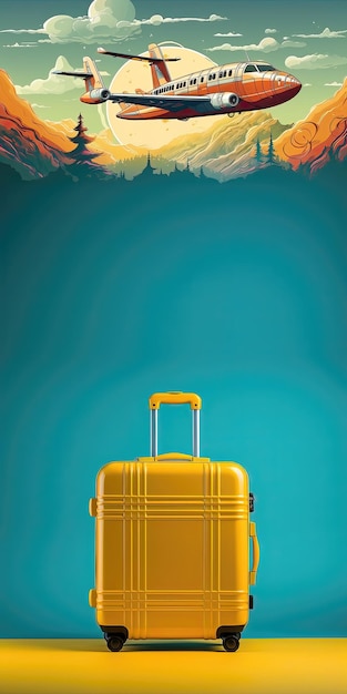 Ilustração vetorial de uma mala amarela com avião voando ao fundo