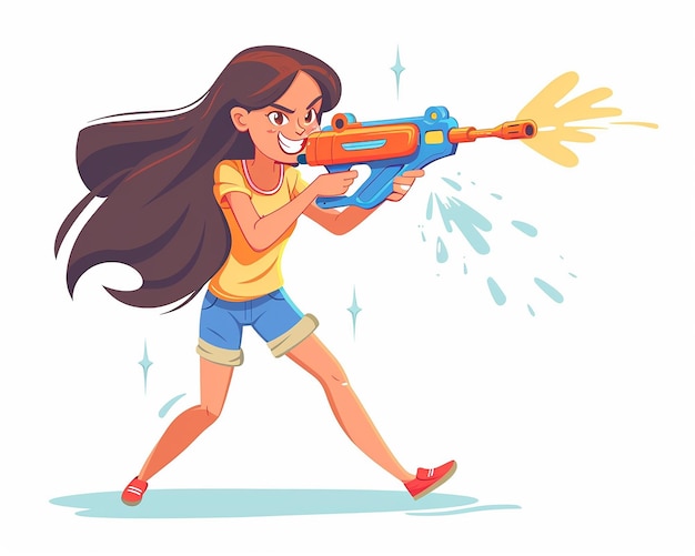 Ilustração vetorial de uma menina brincando com uma arma de água