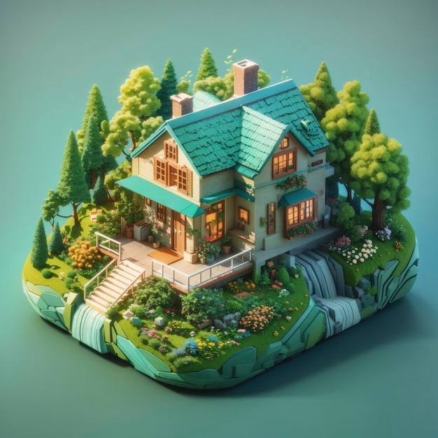 Ilustração vetorial de uma pequena casa aconchegante situada em um ambiente exuberante