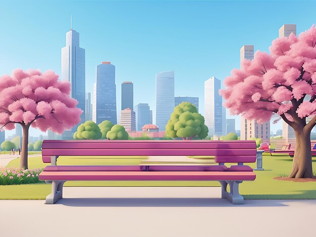 Ilustração vetorial de uma vista em uma cidade moderna com bancos no parque
