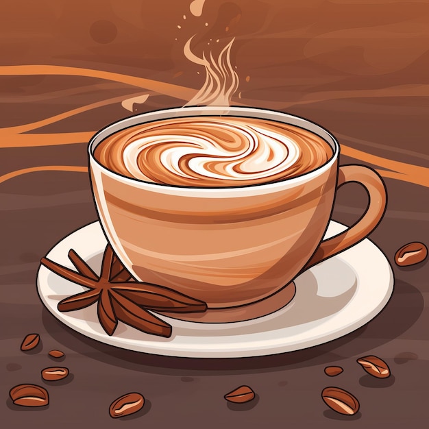 ilustração vetorial de uma xícara de cappuccino com anis estrelado e grãos de café