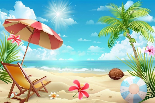 Ilustração vetorial de verão pilha de areia cocô árvores praia guarda-chuva praia cadeira praia bola de praia no fundo de nuvens e praia de areia