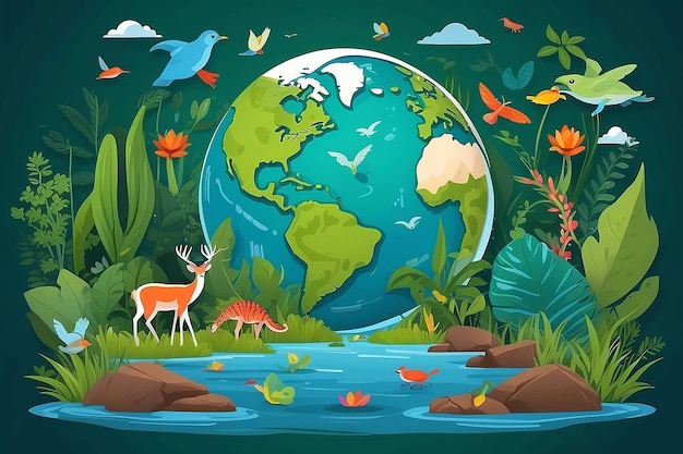 Ilustração vetorial do Dia Mundial da Biodiversidade com a Diversidade Biológica da Terra e os Vários Animais da Natureza