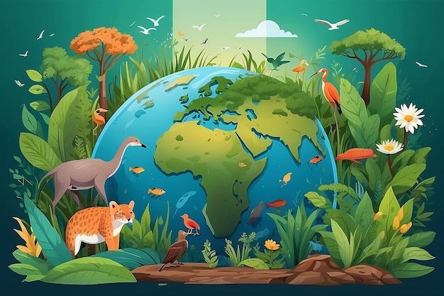 Foto ilustração vetorial do dia mundial da biodiversidade com diversidade biológica terra e os vários animais na natureza fonte de desenho animado plano