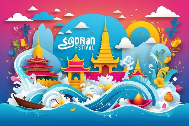 Ilustração vetorial do festival de água de Songkran, corte de papel, cópia de espaço e marco