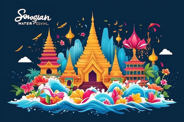 Ilustração vetorial do festival de água de Songkran, corte de papel, cópia de espaço e marco