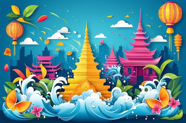 Ilustração vetorial do festival de água de Songkran, corte de papel, cópia de espaço e marco