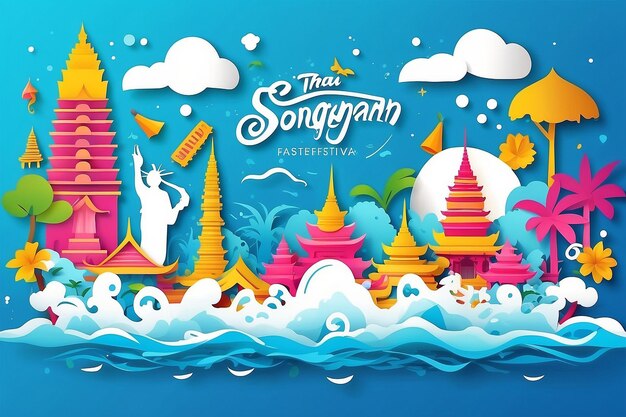 Ilustração vetorial do festival de água de Songkran, corte de papel, cópia de espaço e marco