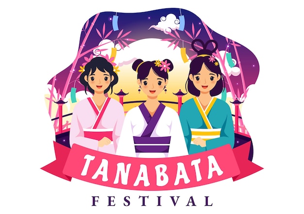 Ilustração vetorial do Festival Tanabata do Japão com pessoas vestindo kimono e flores de peônia