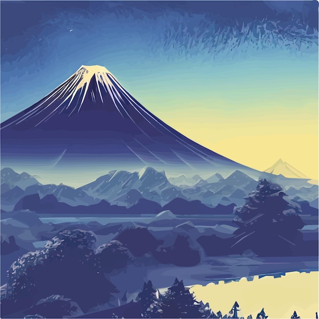 Ilustração vetorial do Monte Fuji japonês com variedade de árvores Ideal para esportes de viagem ou design espiritual Asiático