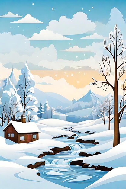 Ilustração vetorial do país das maravilhas do inverno, nevoeiro noturno do sol e paisagem de Shishir