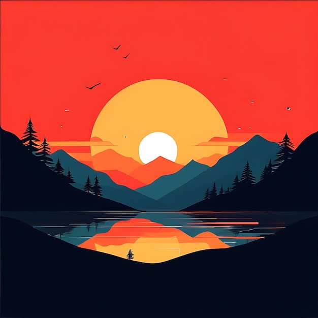 Ilustração vetorial do pôr-do-sol e da paisagem