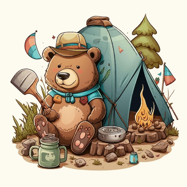 Ilustração vetorial do ursinho de desenho animado com elemento de acampamento