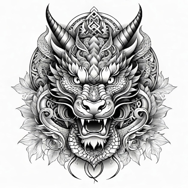 Ilustração vetorial Dragão asiático e modelo de tatuagem de máscara Padrões asiáticos e ornamentos desenhados à mão