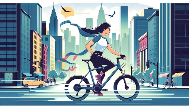 Ilustração vetorial em estilo plano de uma menina vestida com uma camiseta andando de bicicleta