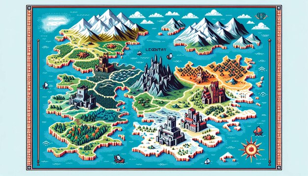 Foto ilustração vetorial em um estilo de cores de 8 bits com um mapa com casas lendárias