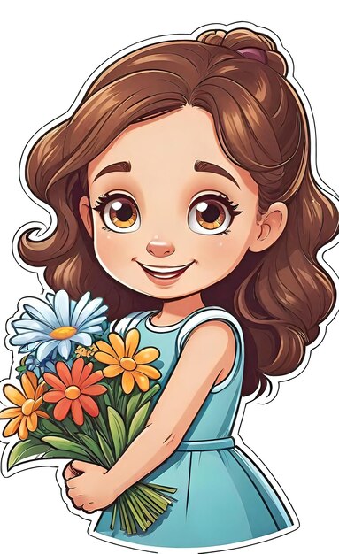 Foto ilustração vetorial engraçada logotipo plano alegre de menina com flores isoladas em fundo branco co