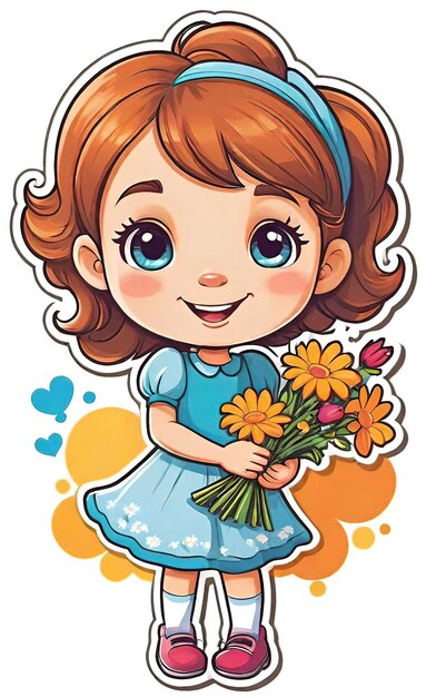 Foto ilustração vetorial engraçada logotipo plano alegre de menina com flores isoladas em fundo branco co