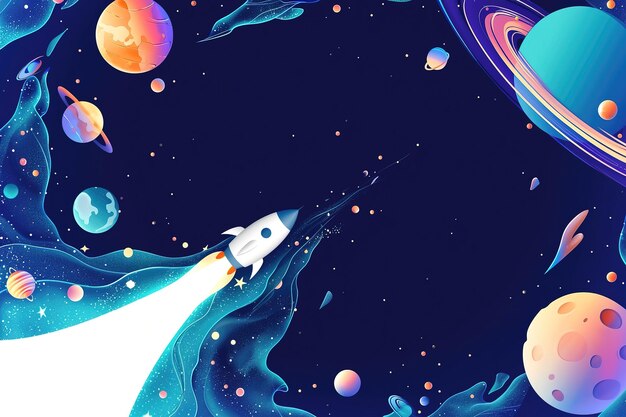 Ilustração vetorial espacial com planetas foguetes e estrelas fundo espacial de desenho animado