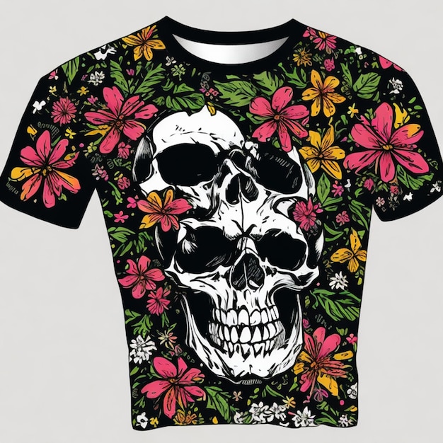 Ilustração vetorial gratuita de crânio e flores em camiseta