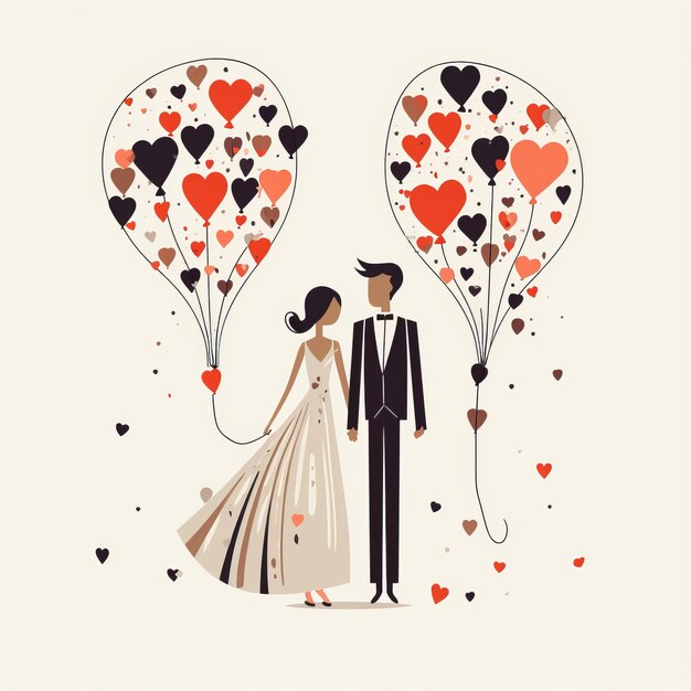 Ilustração vetorial minimalista de casamento com balões de coração