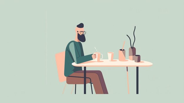 Ilustração vetorial minimalista de um homem bebendo café em uma mesa