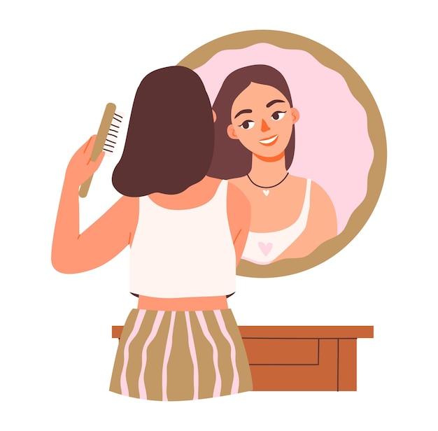 Ilustração vetorial plana da rotina diária de beleza de uma mulher Uma mulher penteia o cabelo