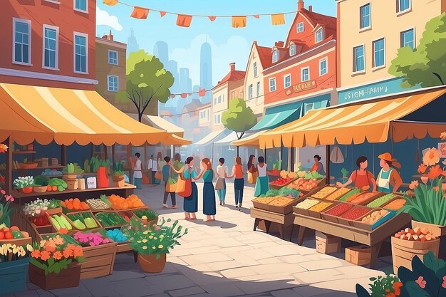 Ilustração vetorial plana de feira de rua Estandes de mercado ao ar livre tendas de comércio de verão com vendedores e compradores