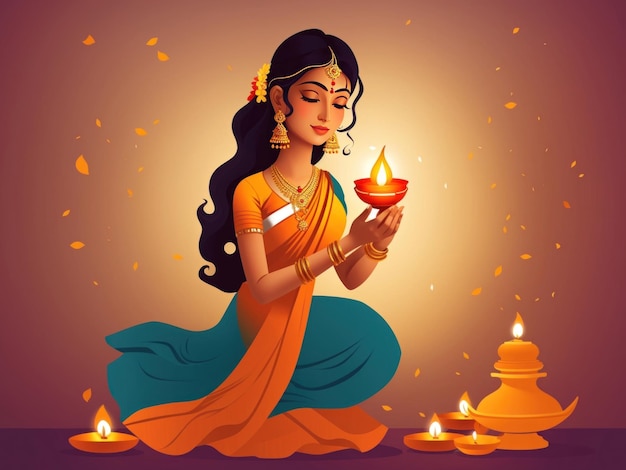 ilustração vetorial plana de uma mulher em saree segurando diya nas mãos