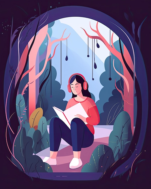 Ilustração vetorial plana de uma personagem feminina lendo e ouvindo um audiolivro criado com a tecnologia Generative AI