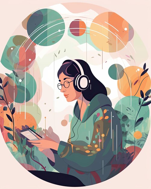 Ilustração vetorial plana de uma personagem feminina lendo e ouvindo um audiolivro criado com a tecnologia Generative AI