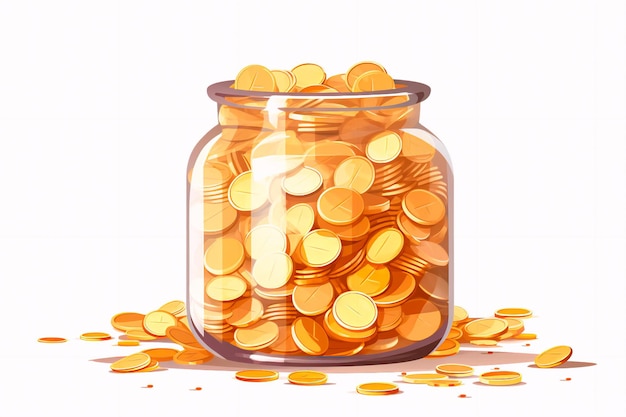 Ilustração vetorial plana Jarro de dinheiro de vidro cheio de moedas de ouro simbolizando investimento de poupança