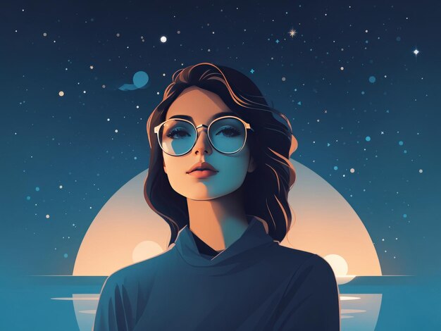 ilustração vetorial plana mínima Mulher com vista para o céu noturno