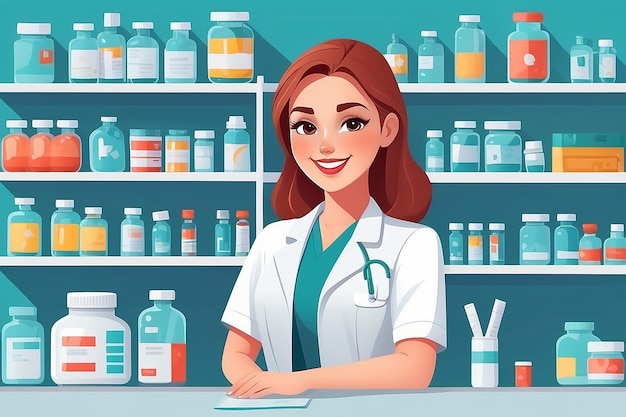 Foto ilustração vetorial plana moderna de uma jovem farmacêutica atraente sorridente no balcão de uma farmácia em frente às prateleiras com medicamentos