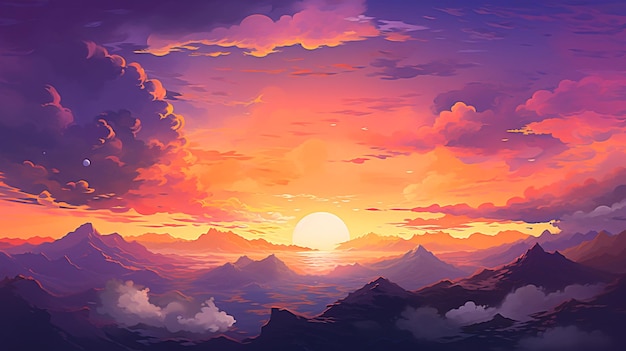ilustração vetorial uma montanha nas montanhas pôr do sol com nuvens