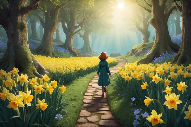 Foto ilustração viagem de personagem jardim encantado de narcisos