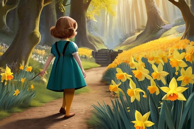 Foto ilustração viagem de personagem jardim encantado de narcisos