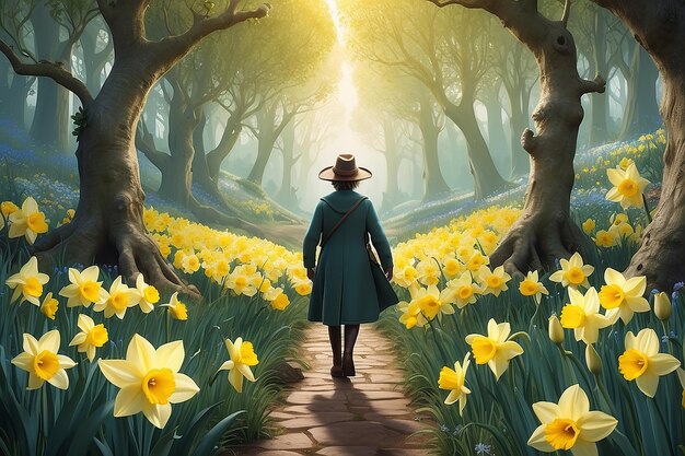 Foto ilustração viagem de personagem jardim encantado de narcisos