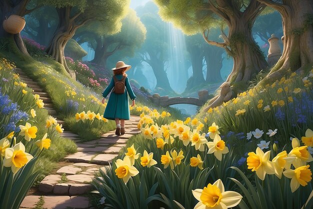 Foto ilustração viagem de personagem jardim encantado de narcisos