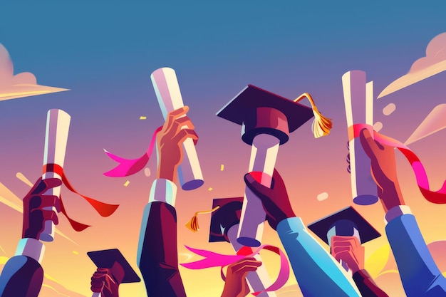 Ilustração vibrante de graduados segurando diplomas e bonés ao anoitecer