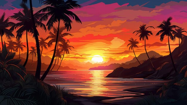 Ilustração vibrante de pôr-do-sol com cenários tropicais coloridos