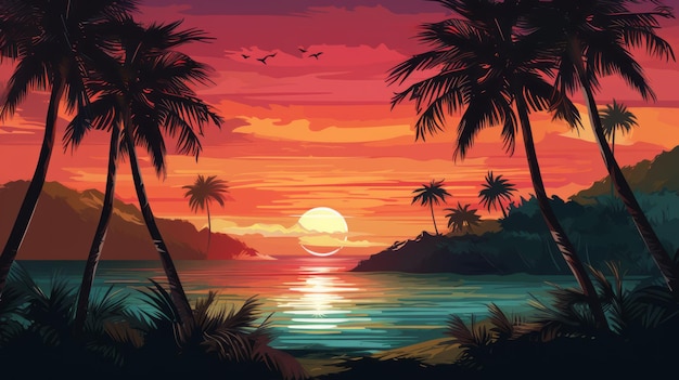 Ilustração vibrante de pôr-do-sol tropical com gráficos vetoriais