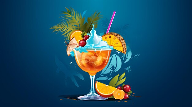 Ilustração vibrante de um coquetel tropical com frutas e um guarda-chuva