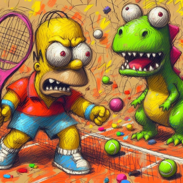 Ilustração vibrante de uma partida de tênis lúdica entre um menino de desenho animado e um dinossauro amigável