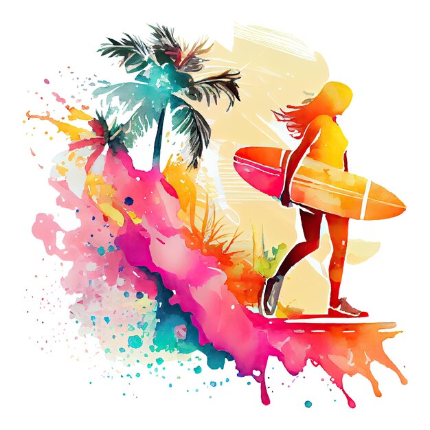 Ilustração vibrante de uma surfista contra um cenário tropical ensolarado com palmeiras