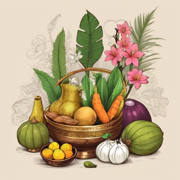 Ilustração vibrante do Festival de Kerala Vishu Kani com flores tradicionais Frutas e legumes