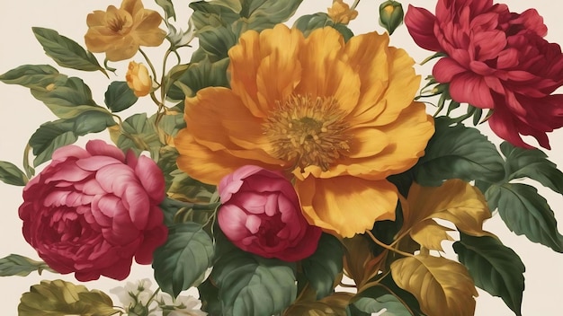 Ilustração vintage de mistura de flores e folhas com ouro