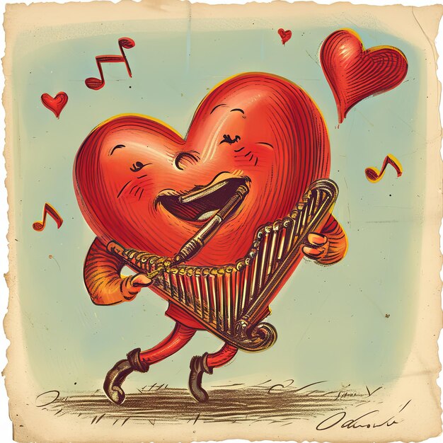 Ilustração vintage de um coração do Dia dos Namorados tocando descaradamente uma gaita uma melodia de desenho animado caprichosa enchendo o ar com as doces notas do amor v 6 Job ID b842a957fde04b8cbdbc6368445cfe63